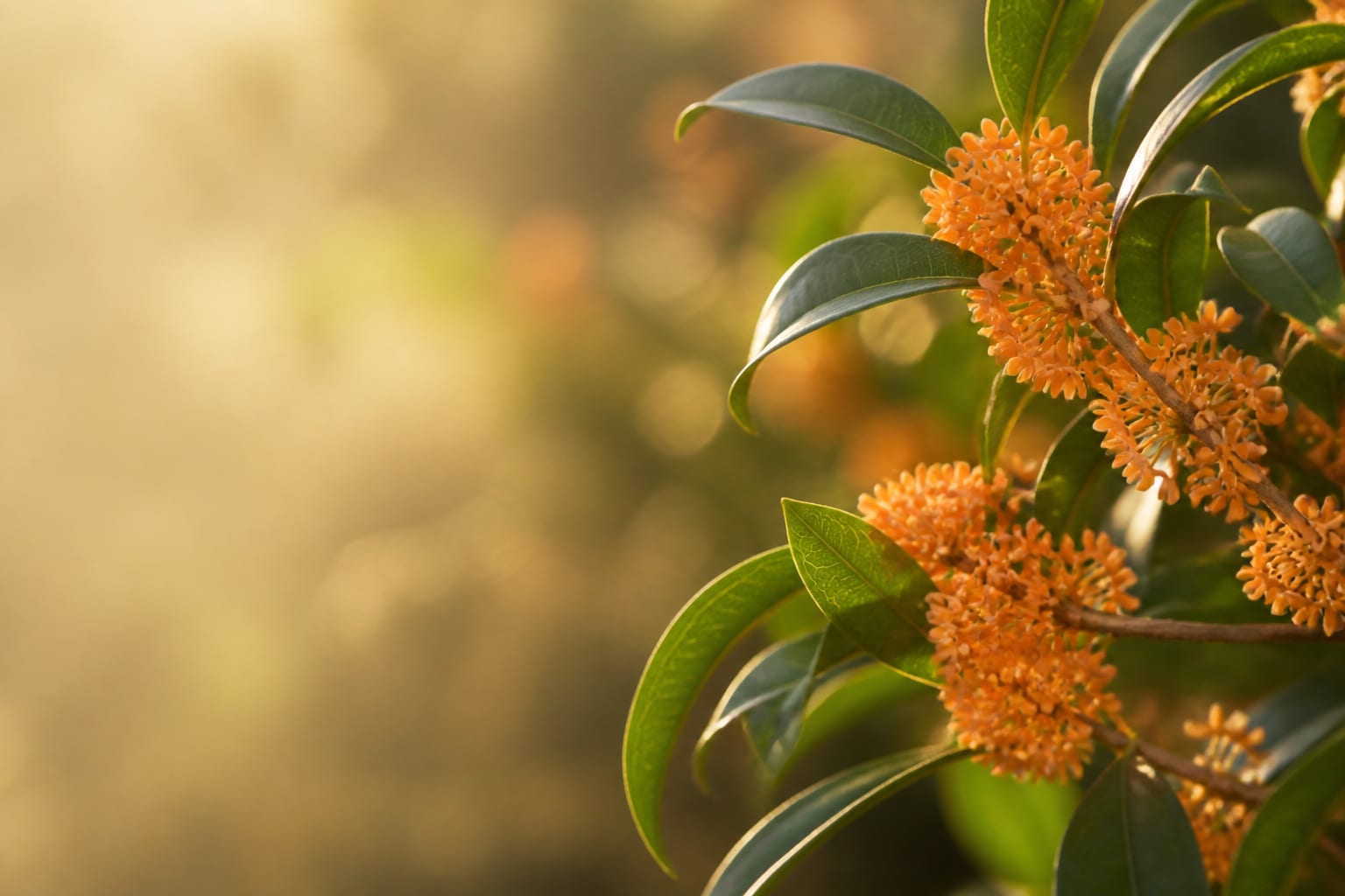 朝のやわらかな光を受けて咲く、橙色の金木犀の花